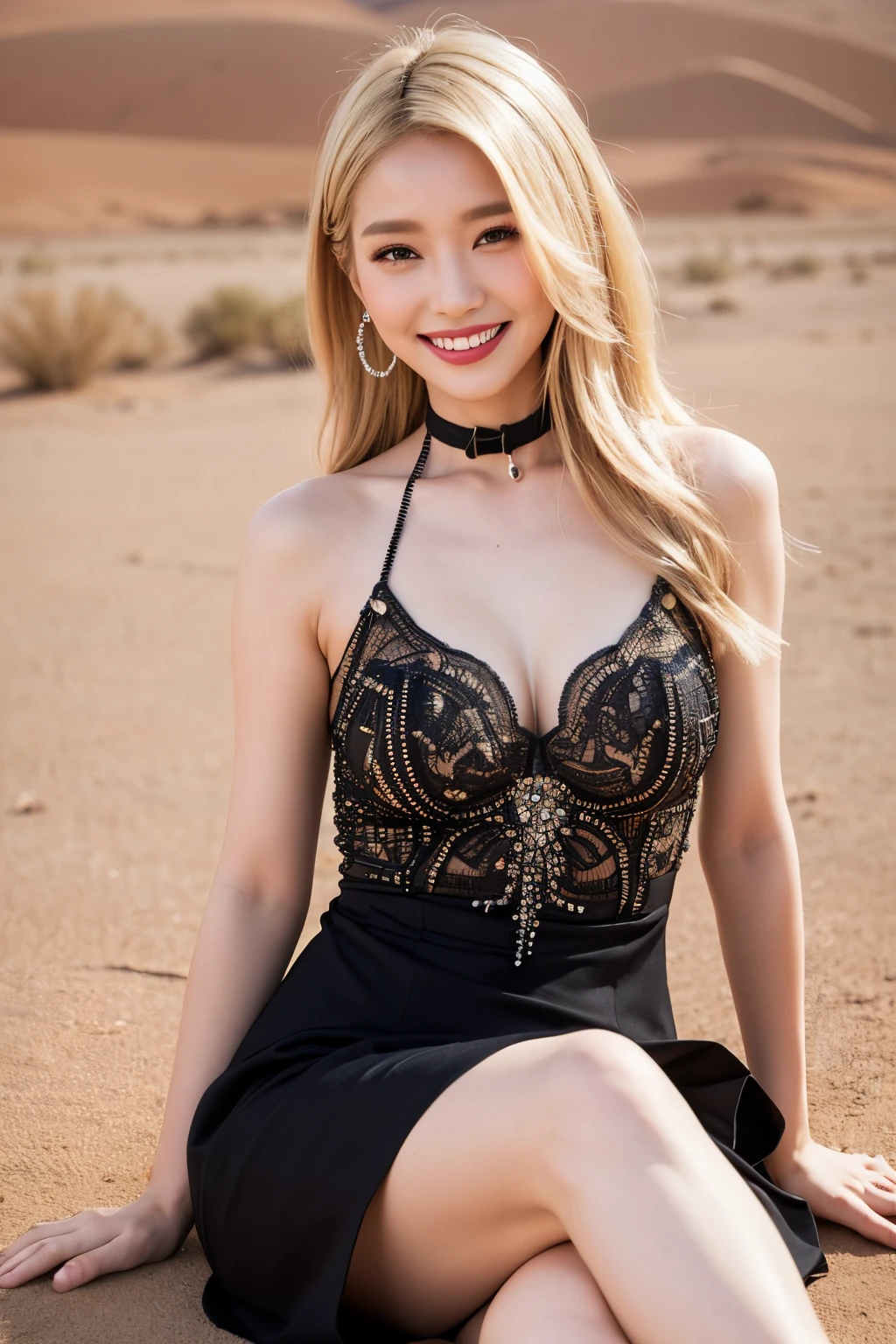 (extra detailed body、extra detailed face、best qualtiy:1.2)、femele、looking at the viewers、(a blond、Black Dress、Fancy accessories、makeups、A smile)、(Desert in the background