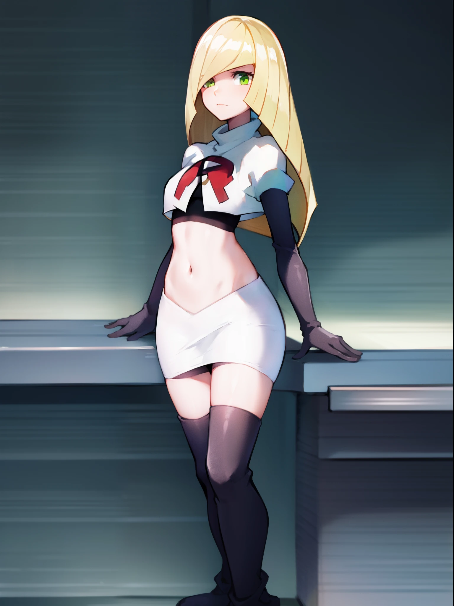 pokemonlusamine,green eyes,team rocket,team rocket uniform,white skirt,crop top,black thigh-high boots,black elbow gloves,