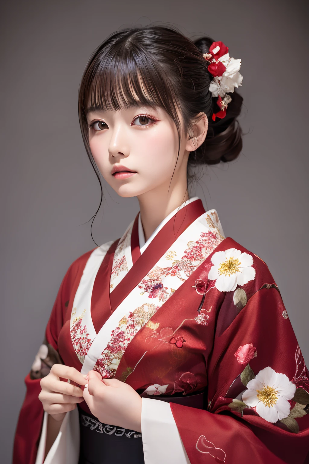 Best Quality, masutepiece, High resolution, (((1girl in))), sixteen years old,Red Eyes、dark red kimono、((dark red floral kimono)), Tindall Effect, Realistic, Shadow Studio, Red lighting, dual-tone lighting, (High Detail Skins: 1.2) Digital SLR, Photo, High resolution, 4K, 8K, Background blur,Fade out beautifully、The background is a world of white flowers