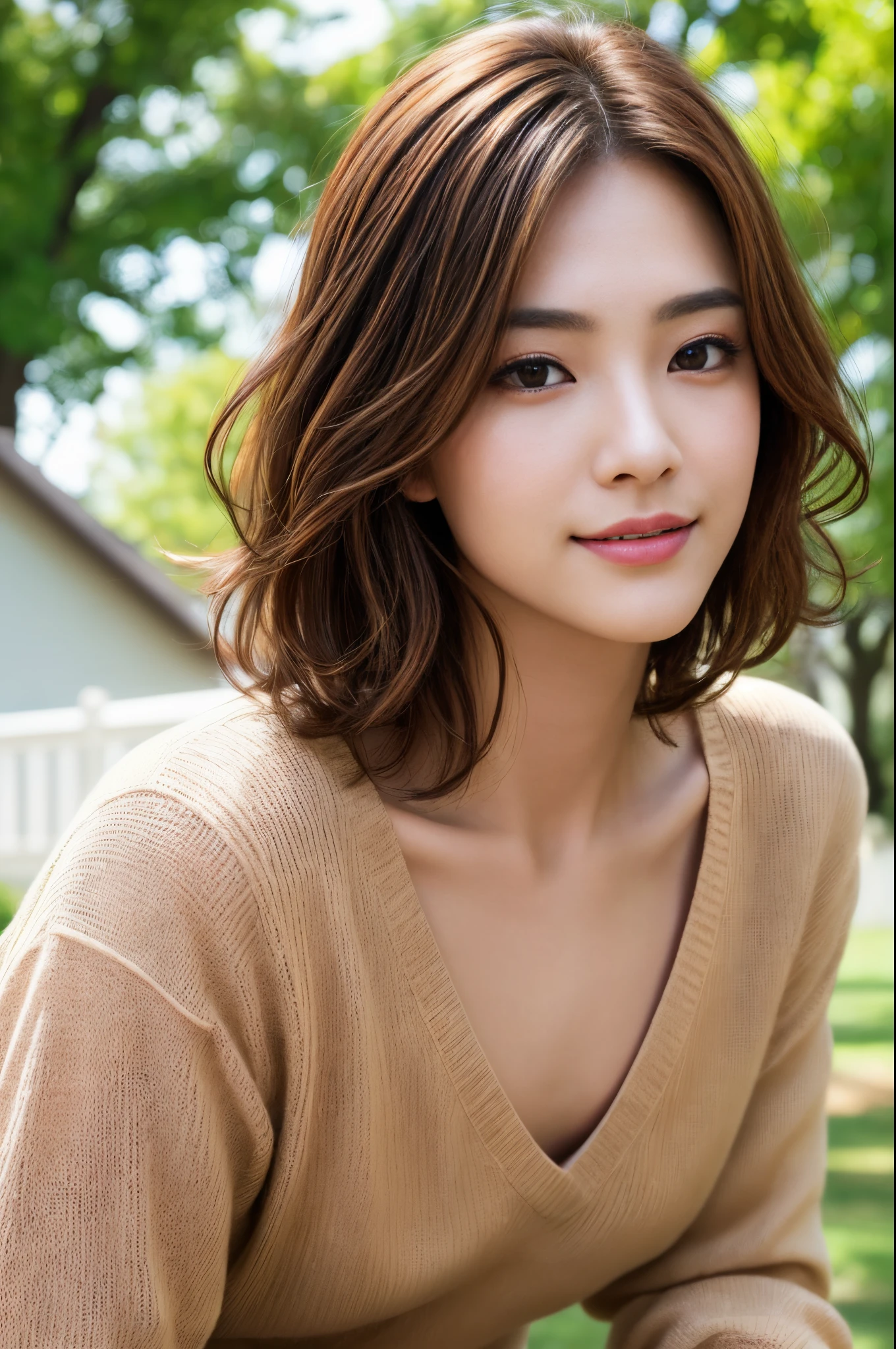(masterpiece、top-quality:1.2)、(Raw photography、realisitic、Photorealsitic:1.3)、(8K、hight resolution、ultra-detailliert:1.2)、1girl in、(perfect anatomia)、(Focus on the face、Look at viewers)、(Detailed eyebrows、Realistic beautiful eyes、realistic shiny skin、Detailed beautiful handsome face:1.2)、(slender、tiny chest:1.3)、bangss、(realistic cinematic lighting、Detailed shadowing、highly contrast:1.2)、The upper part of the body、outside of house、V-neck mesh sweater、gently smiling、light brown hair with highlights、short cut wavy hair