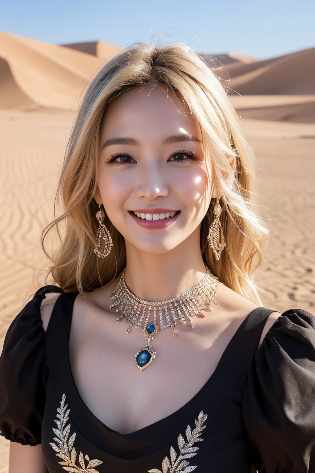 (extra detailed body、extra detailed face、best qualtiy:1.2)、femele、looking at the viewers、(a blond、Black Dress、Fancy accessories、makeups、A smile)、(Desert in the background