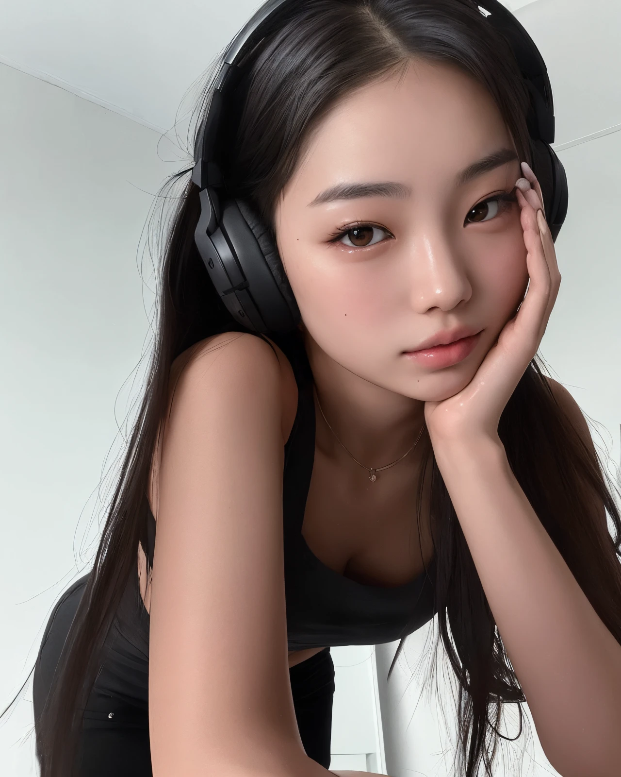 there is a woman laying on a bed with headphones on, korean girl, beautiful south korean woman, gorgeous young korean woman, beautiful young korean woman, beautiful asian girl, korean woman, sexy look at the camera, chinese girl, pretty face with arms and legs, young and cute girl, attractive pose, wan adorable korean face, young adorable korean face, asian girl