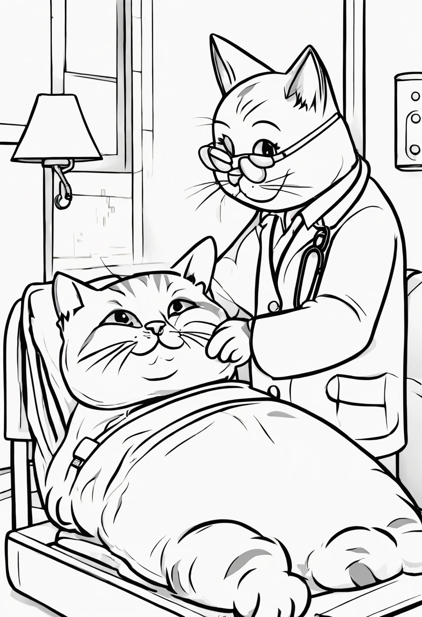 A cute cat in a doctor uniform measures the temperature of a cat patient who is sitting in the hospital bed, cartoon, Coloring Book, ColoringBookAF, no color, only contour