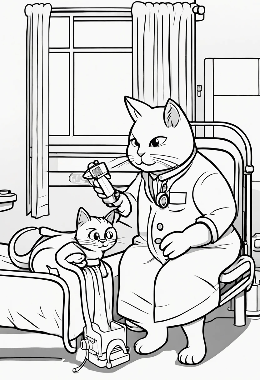 A cute cat in a doctor uniform measures the temperature of a cat patient who is sitting in the hospital bed, cartoon, Coloring Book, ColoringBookAF, no color, only contour