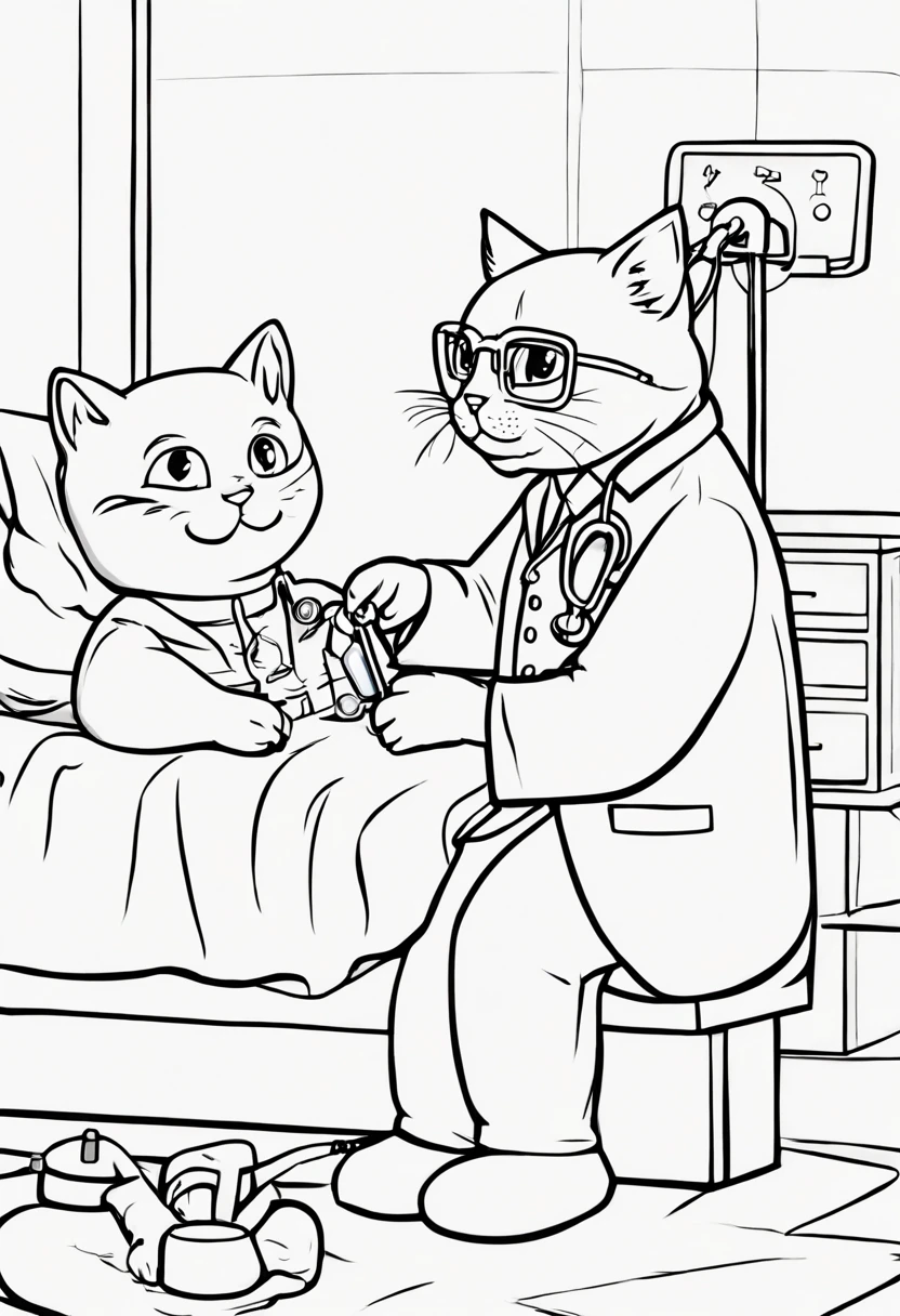 A cute cat in a doctor uniform measures the temperature of a cat patient who is sitting in the hospital bed, cartoon, Coloring Book, ColoringBookAF, no color, only contour
