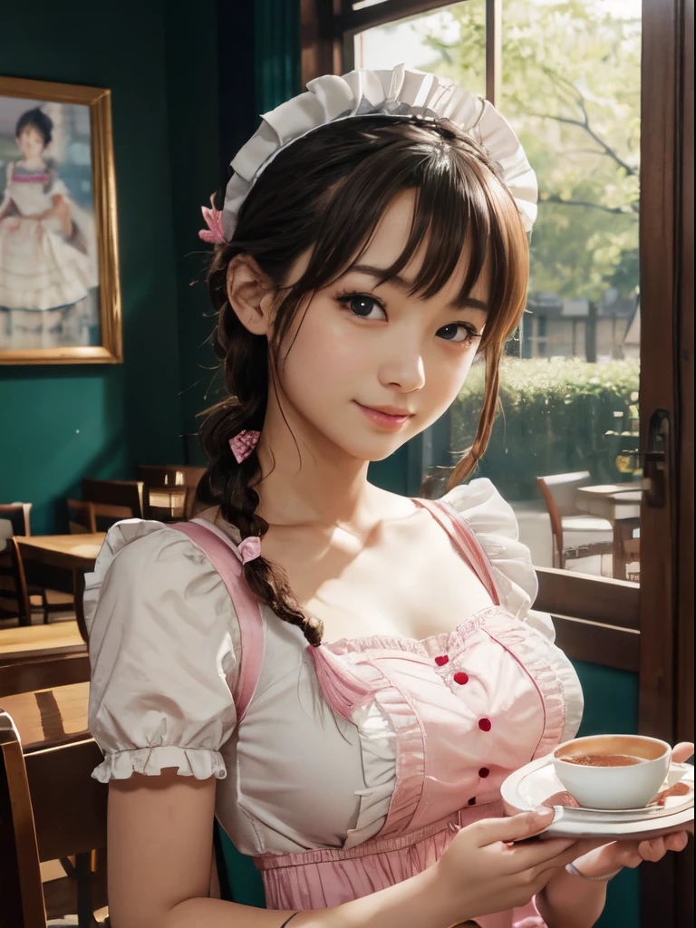 ​masterpiece、masutepiece、4k、8k wallpaper、Official art、girl with、22year old、Looking at me in a maid costume、Holding the tray、Pick-up、braid hair、cute  face、ssmile、clean nose、Plumbed lips、huge tit、Pink maid clothes、wear a short frilled skirt、FULL BODYSHOT、Beautiful hands with calculations、beautiful foot、Looking at the camera、The background is a café