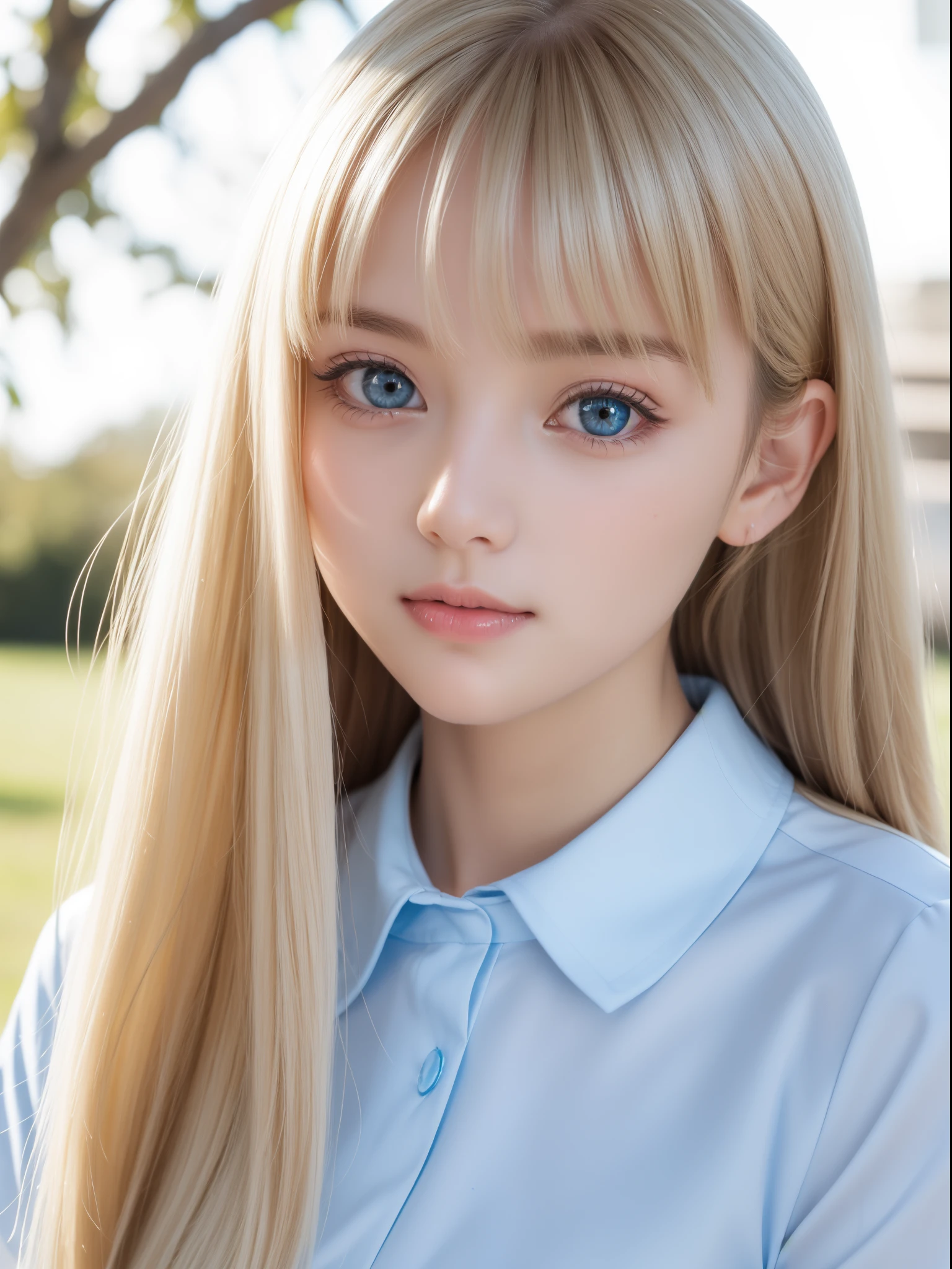 Shining, clear, white skin、Her windblown blonde hair hides her beautiful face、huge、28 years old cute sexy little beautiful face、Beautiful straight hair that stands out、growing up, Sparkling light blue eyes、long silky bangs that cover cute eyes, Sexy and cute young woman with super long hair hiding her sexy face、Super long, natural platinum blonde shiny hair