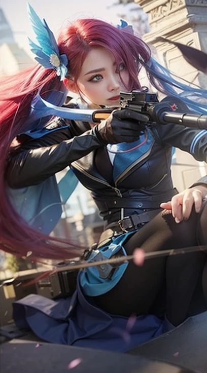 Beautiful girl, one black eye patch, long sniper gun, blue costume, pink hair, blue eye, focuss face,