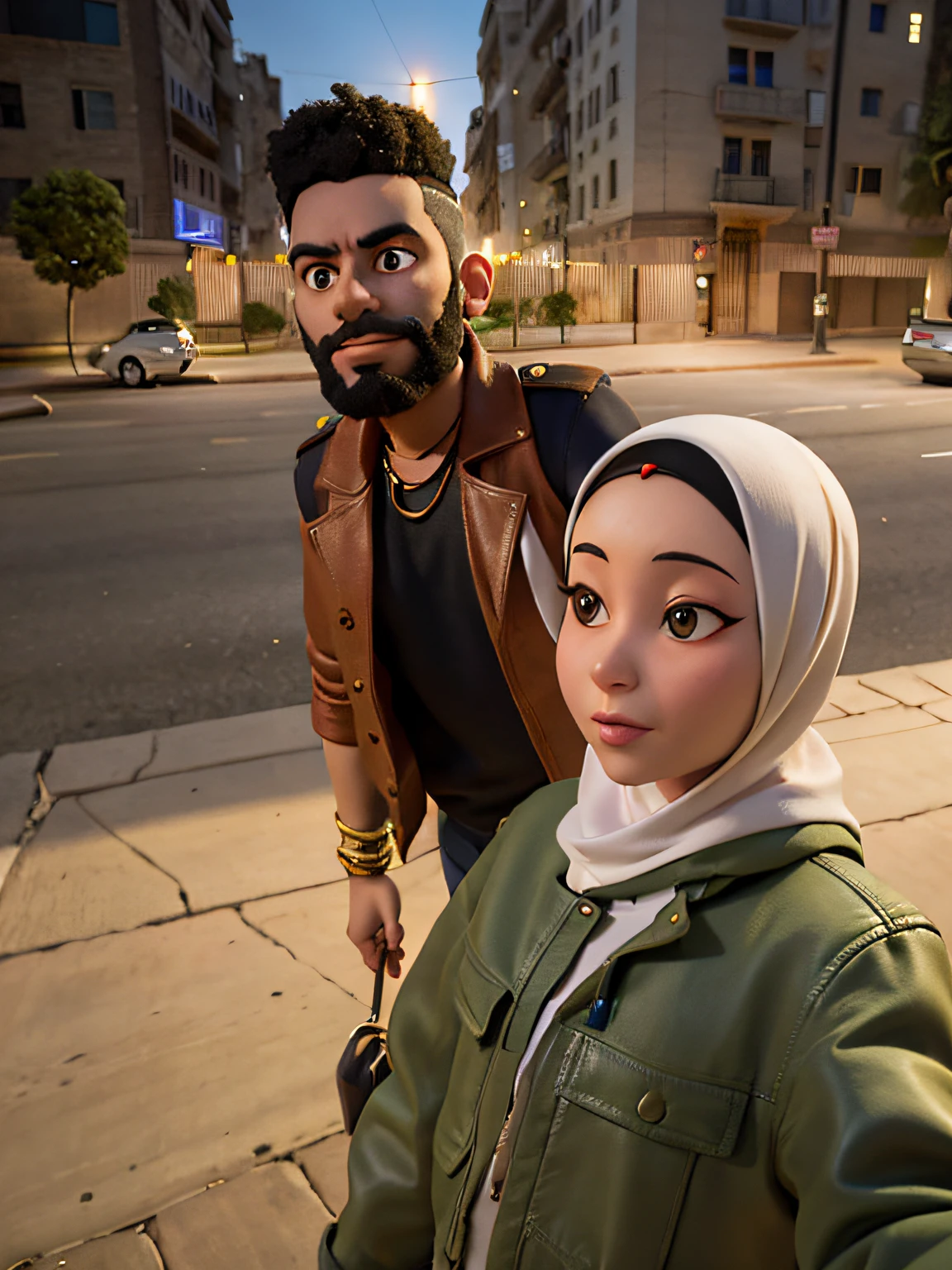 there is a man and a woman standing on a street at night, in egypt, from egypt, in city street, in giza, photo taken in 2 0 2 0, on a street, profile picture, during sunset, from luxor, at nighttime, on a street at night, at a city street, profile picture 1024px, in a street