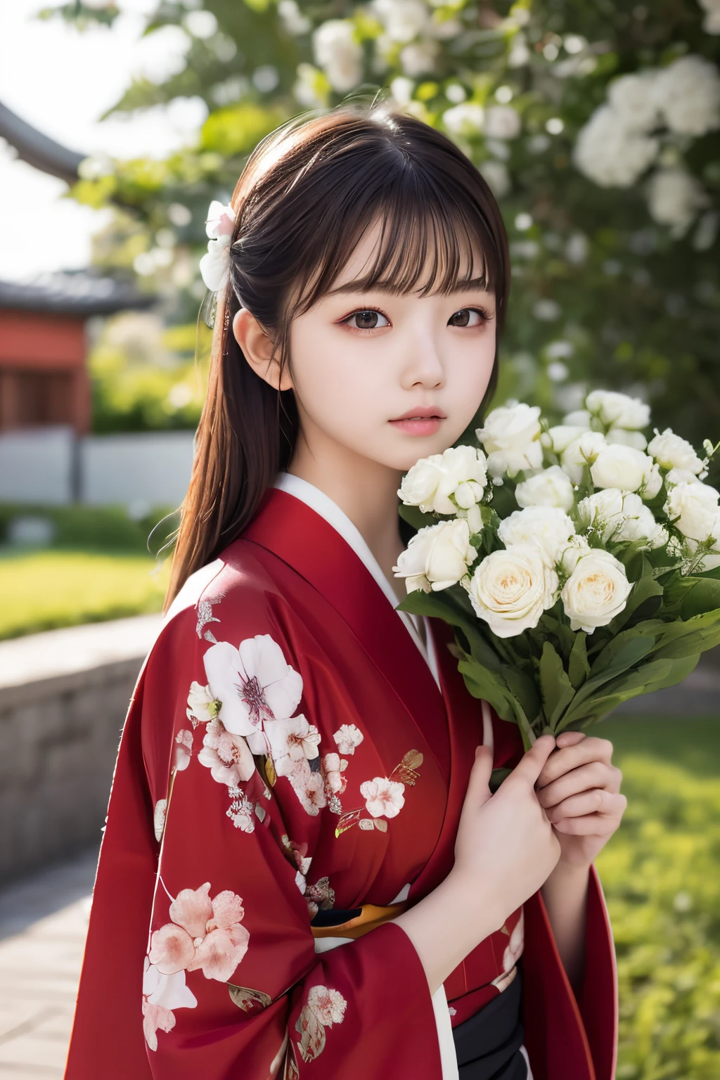 The background is a world of white flowers、Best Quality, masutepiece, High resolution, (((1girl in))), sixteen years old,Red Eyes、Dark red kimono、((Dark red floral kimono)), Tindall Effect, Realistic, Shadow Studio, Red lighting, dual-tone lighting, (High Detail Skins: 1.2) Digital SLR, Photo, High resolution, 4K, 8K, Background blur,Fade out beautifully、The background is a world of white flowers