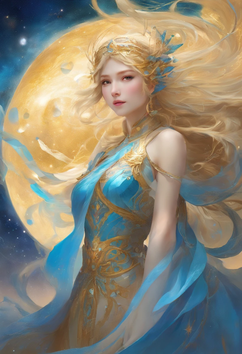 blue tone、masterpiece、perfect-composition、low angles、top-quality、Official art、Extreme details、Stellar lumen、cosmic space、Milky way、Mysteries of the universe、Silence、Cosmic Light、Well-groomed beauty、Goddess of Wisdom、Inherited Intents、Memory of antiquity、sapphire eyes、Long Blonde Hair、Tall and lean、resolute、dignity、age 30s、noble、wear a blue space suit、True、good、pleasing、Intricate details、Oil Painting、Best Quality、the golden ratio