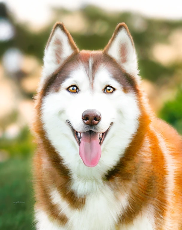 cachorro arafiado com um grande sorriso parado em um campo, husky dog, Husky siberiano, husky, dog portrait, com focinho branco, arte digital animal foto, in a oil painting style, happy dog, foto de lobo, retrato ampliado de um duque, beautiful dog head, Husky em armadura brilhante, um bonito, retrato retardado do lobo