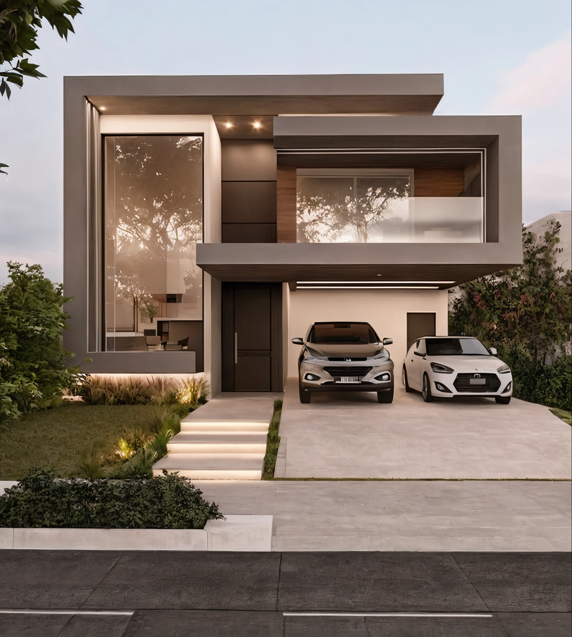 a depiction of a modern house with two cars parked in front of it, design exterior, estilo moderno, overall architectural design, Casa Conceito, exterior grande angular 2022, casa contemporanea, beautiful rendering, precise architectural rendering, arquitetura realista, ultra moderno, architectural visualisation, casa moderna, a photorealistic rendering, design de arquitetura moderna, architectural render, Villa Interdimensional