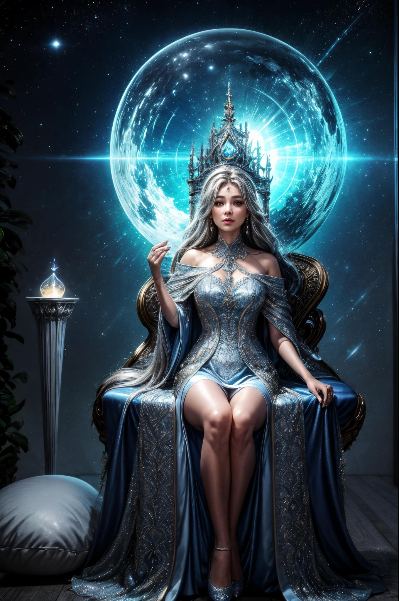 Descreva uma imagem surreal da Rainha Isabella, uma mulher de 52 anos, em seu trono dourado. Destaque seus cabelos prateados elegantemente penteados, usando uma coroa real adornada com gemas. She is dressed in a sumptuous dress that mixes shades of blue and silver., reflecting your position of authority. Ao redor dela, imagine uma atmosfera de serenidade e sabedoria, with magical elements that highlight your connection with the fantasy realm.