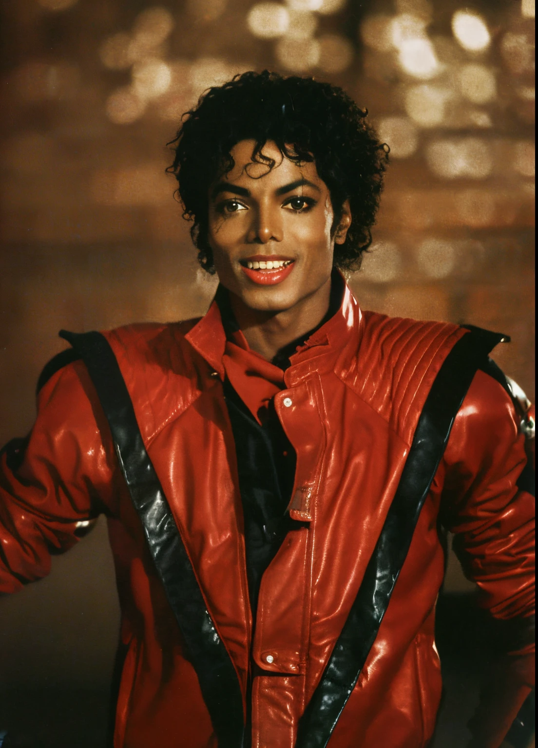michael jackson, dark skinned in a red leather jacket and black tie, thriller, michael jackson, michael_jackson, thriller atmosphere, portrait of michael jackson, michael jackson portrait, wearing red jacket, michael jackson moon dance, moonwalker photo, he‘s wearing a red neckerchief, michael jackso, wearing a black and red suit, red jacket, red leather jacket
