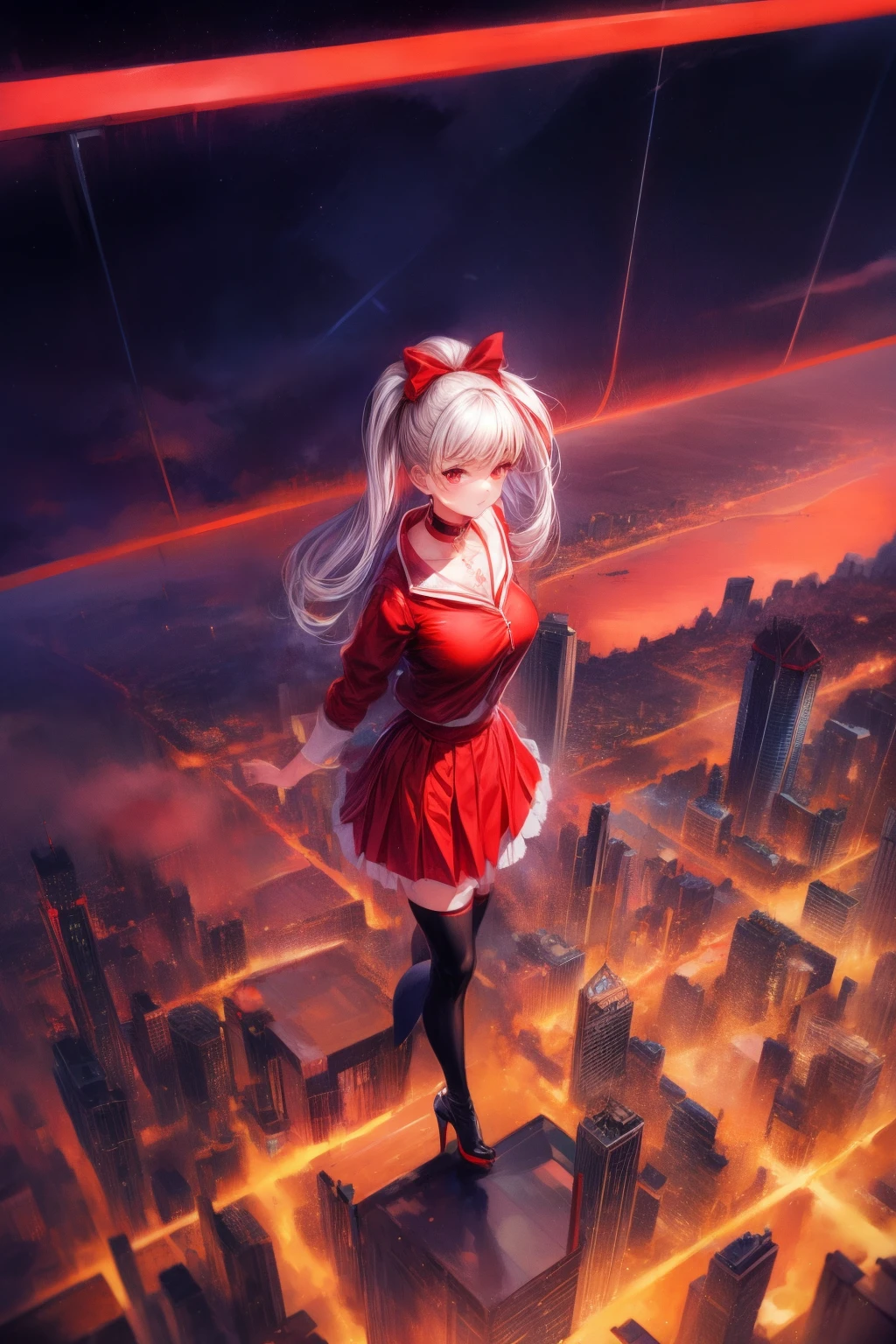 tmasterpiece, Best quality at best,, Maruzinski (fresh beans),, Red stockings, red blous, pleatedskirt, reddress, longer sleeves, Collar, Red shirt, Open jacket, white bows, Open your clothes, high heels boots, tar roads, jogging, line of sight, nigh sky, neon, from the above,,