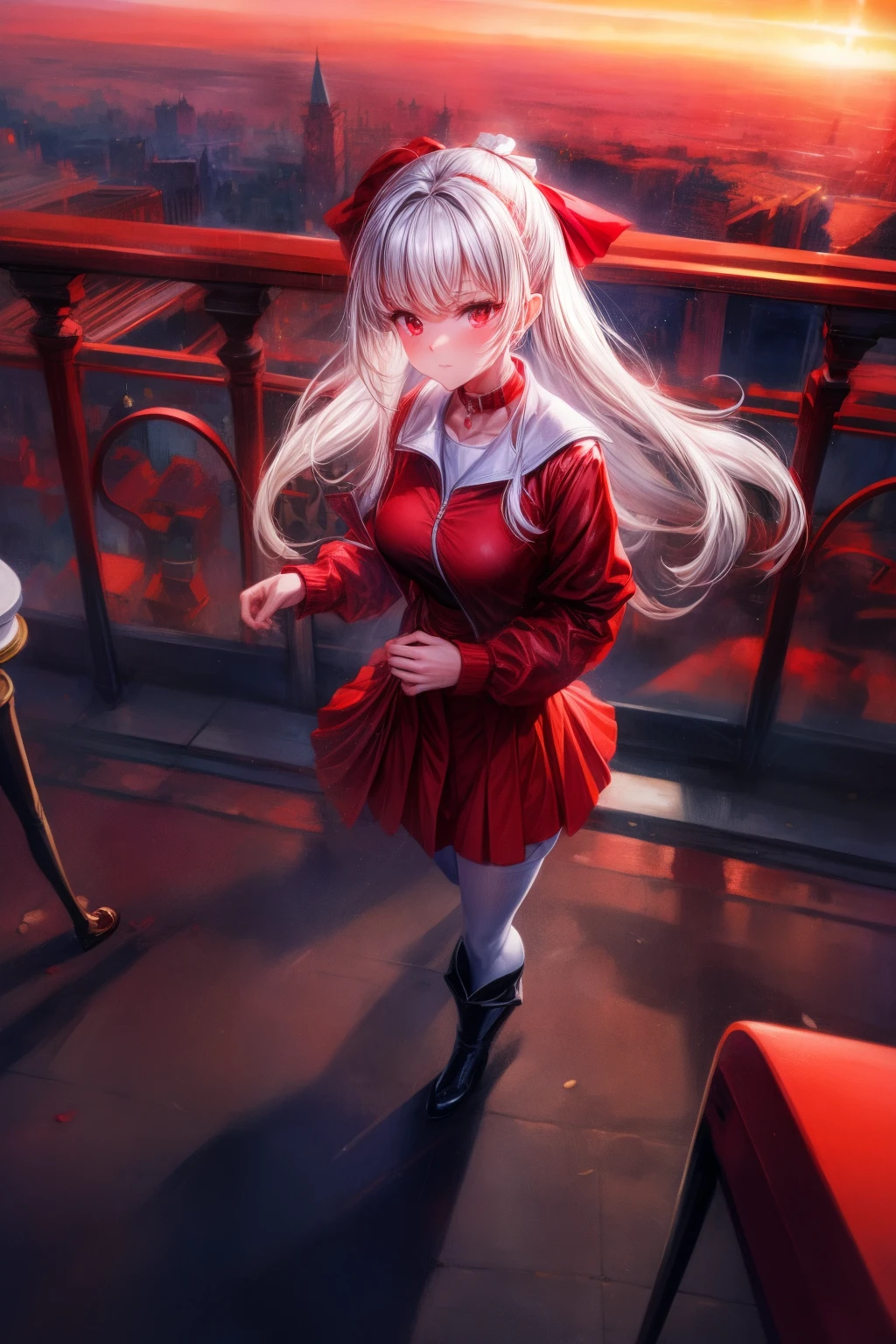 tmasterpiece, Best quality at best,, Maruzinski (fresh beans),, Red stockings, red blous, pleatedskirt, reddress, longer sleeves, Collar, Red shirt, Open jacket, white bows, Open your clothes, high heels boots, tar roads, jogging, line of sight, nigh sky, neon, from the above,,