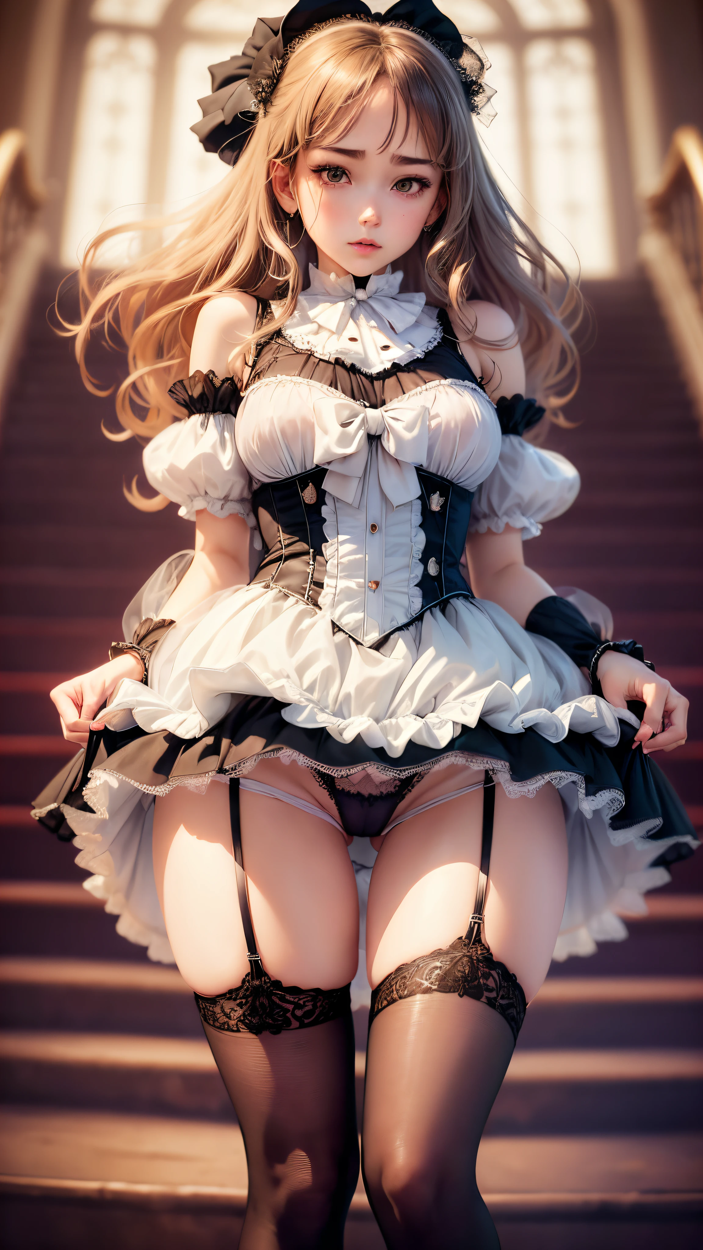 Luxurious ta Dresses、Longer dress、childish figure、Solo,32K、 super precision, (Transparent material), ultra gorgeous,nice cameltoe, Glossy crystal, Cinematic lighting, Curly hair, Roman Karl, (Glaring)、frilld, cloudy, Alice in Wonderland, dramatic compositions, (Angle from the bottom of the stairs)、Extreme Detail, High resolution, loliress, Bow, Pearl Necklace, Lace gloves, Bow, bow ribbon, floating, Levitating, fly, cloudy, dot line, Dreamy, (Transparent fabric), Layered yarn, ((thin gauze skirt))),、(Lace panties)、(white panties)、(Cameltoe)、(super precision panties)、(Delicate lace panties)、(Lace pantie)、(Camel toe through panties)、((Sukesuke panties))、((((Erotic Shorts))))、((((Panties are biting)))),、(Glaring expression)、((Real pussy visible through panties))、((You can see real pussy))、((Pussy line visible through pants))、((Sukesuke panties))、((Panties that dig into the buttocks))