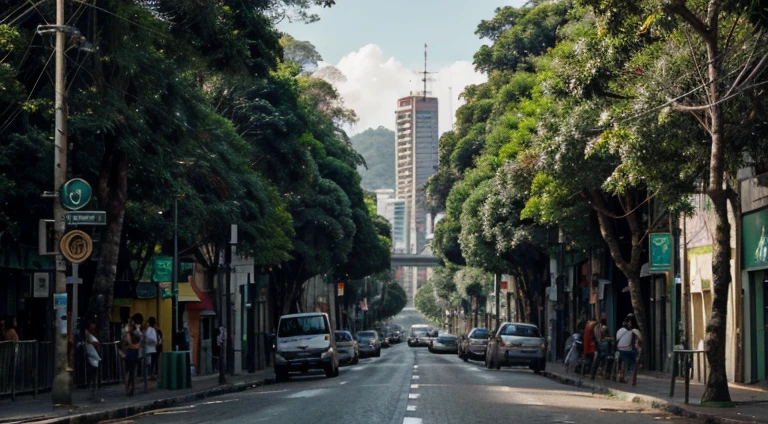 Paisagem arvores frondosas, rio ao centro da imagen com nascente em uma montanha