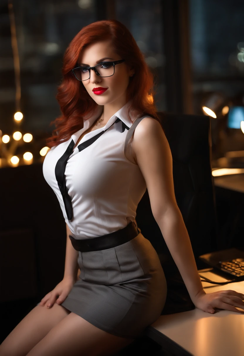 american young girl, on all fours, big cleavage, in office, lustfull face, busty, secretary, tight unbuttoned white blouse, short black skirt, glasses, stockings, high heels, red hair, beautiful eyes, cyberpunk, night, clear, high resolution, only 1 girl, neon lights, dlsr, diffused lightning, high details, best quality