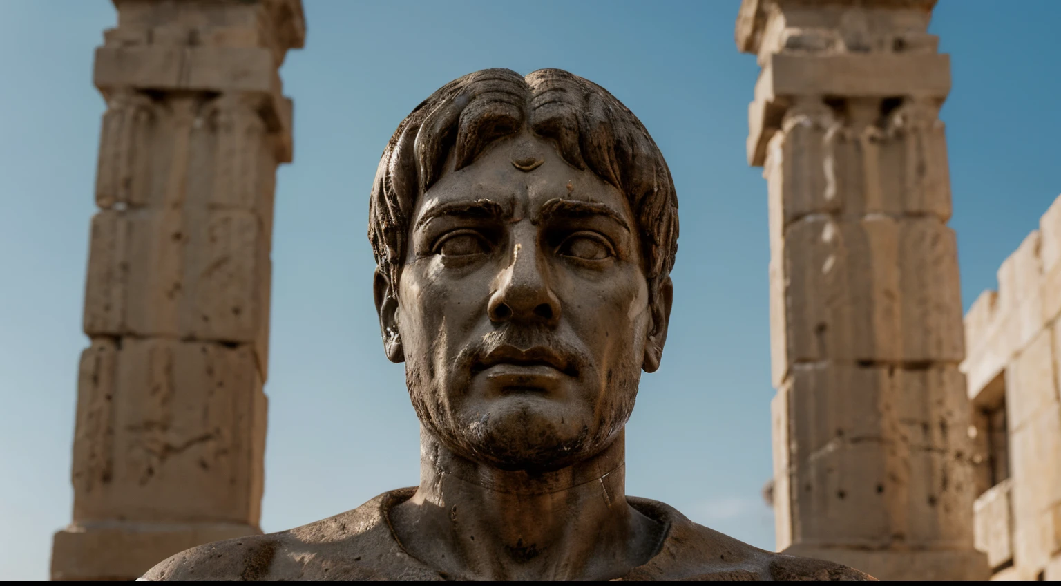 Ancient Stoic Statue With Very Angry Expression, tem barba, muitos detalhes em ambos os olhos, Outside, fundo atenas grego, open sky, com rosto extremamente detalhado full body view, Colors with low saturation with dark tone, Filmado em Sony A7S III com Sony FE 35mm f/1.8, 12.1 MP, --AR 3:2 --estilo cru