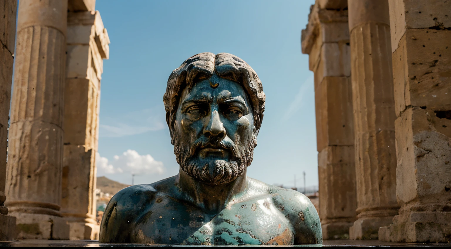 Ancient Stoic Statue With Very Angry Expression, tem barba, muitos detalhes em ambos os olhos, Outside, fundo atenas grego, open sky, com rosto extremamente detalhado full body view, Colors with low saturation with dark tone, Filmado em Sony A7S III com Sony FE 35mm f/1.8, 12.1 MP, --AR 3:2 --estilo cru