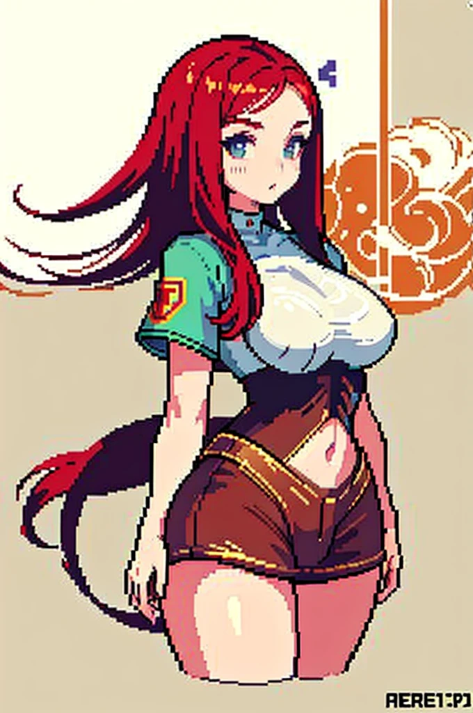 pixel art, chibi style, holding her crotch and chest from over clothes with her hand, earrings, thigh-high, female Monk, fighting,