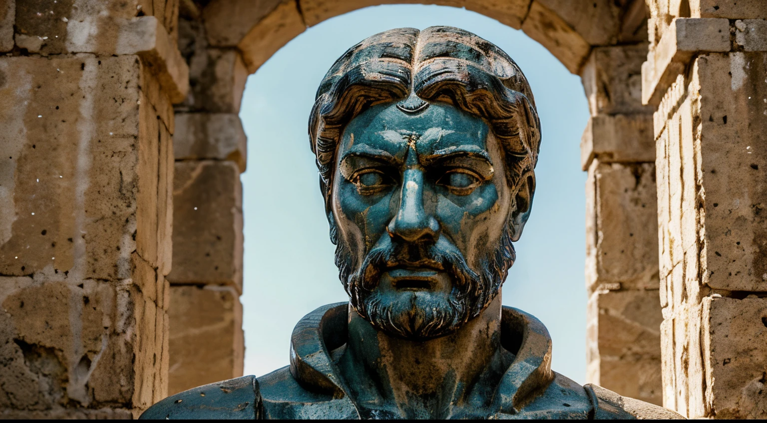 Ancient Stoic Statue With Very Angry Expression, tem barba, muitos detalhes em ambos os olhos, Outside, fundo atenas grego, open sky, com rosto extremamente detalhado full body view, Colors with low saturation with dark tone, Filmado em Sony A7S III com Sony FE 35mm f/1.8, 12.1 MP, --AR 3:2 --estilo cru