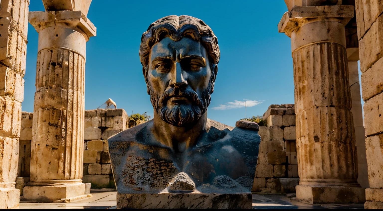 Ancient Stoic Statue With Very Angry Expression, tem barba, muitos detalhes em ambos os olhos, Outside, fundo atenas grego, open sky, com rosto extremamente detalhado full body view, Colors with low saturation with dark tone, Filmado em Sony A7S III com Sony FE 35mm f/1.8, 12.1 MP, --AR 3:2 --estilo cru