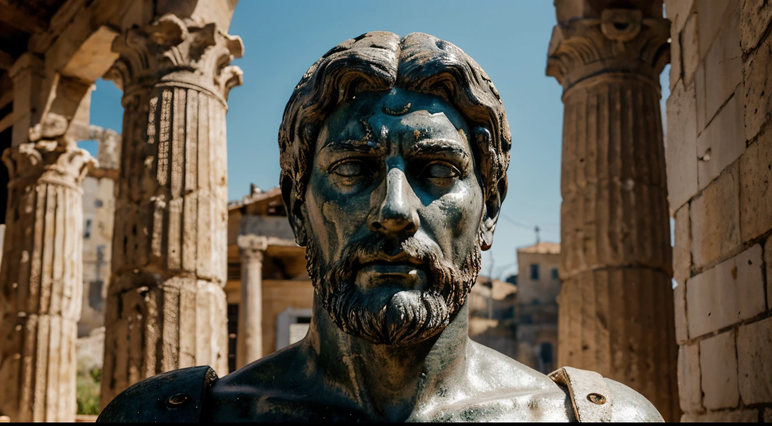 Ancient Stoic Statue With Very Angry Expression, tem barba, muitos detalhes em ambos os olhos, Outside, fundo atenas grego, open sky, com rosto extremamente detalhado full body view, Colors with low saturation with dark tone, Filmado em Sony A7S III com Sony FE 35mm f/1.8, 12.1 MP, --AR 3:2 --estilo cru