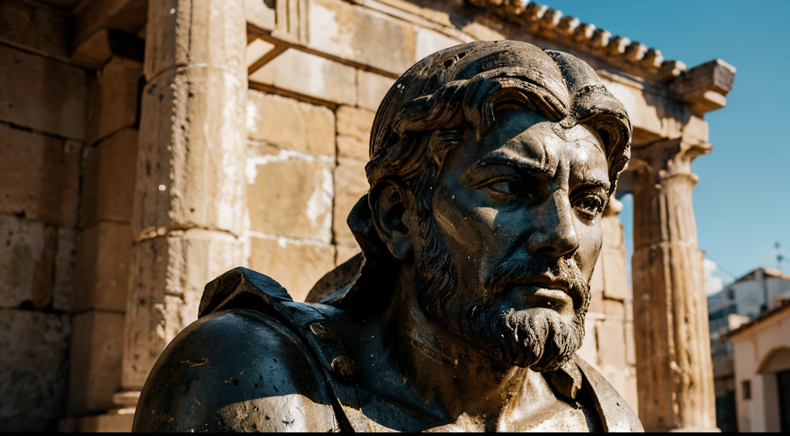 Ancient Stoic Statue With Very Angry Expression, tem barba, muitos detalhes em ambos os olhos, Outside, fundo atenas grego, open sky, com rosto extremamente detalhado full body view, Colors with low saturation with dark tone, Filmado em Sony A7S III com Sony FE 35mm f/1.8, 12.1 MP, --AR 3:2 --estilo cru