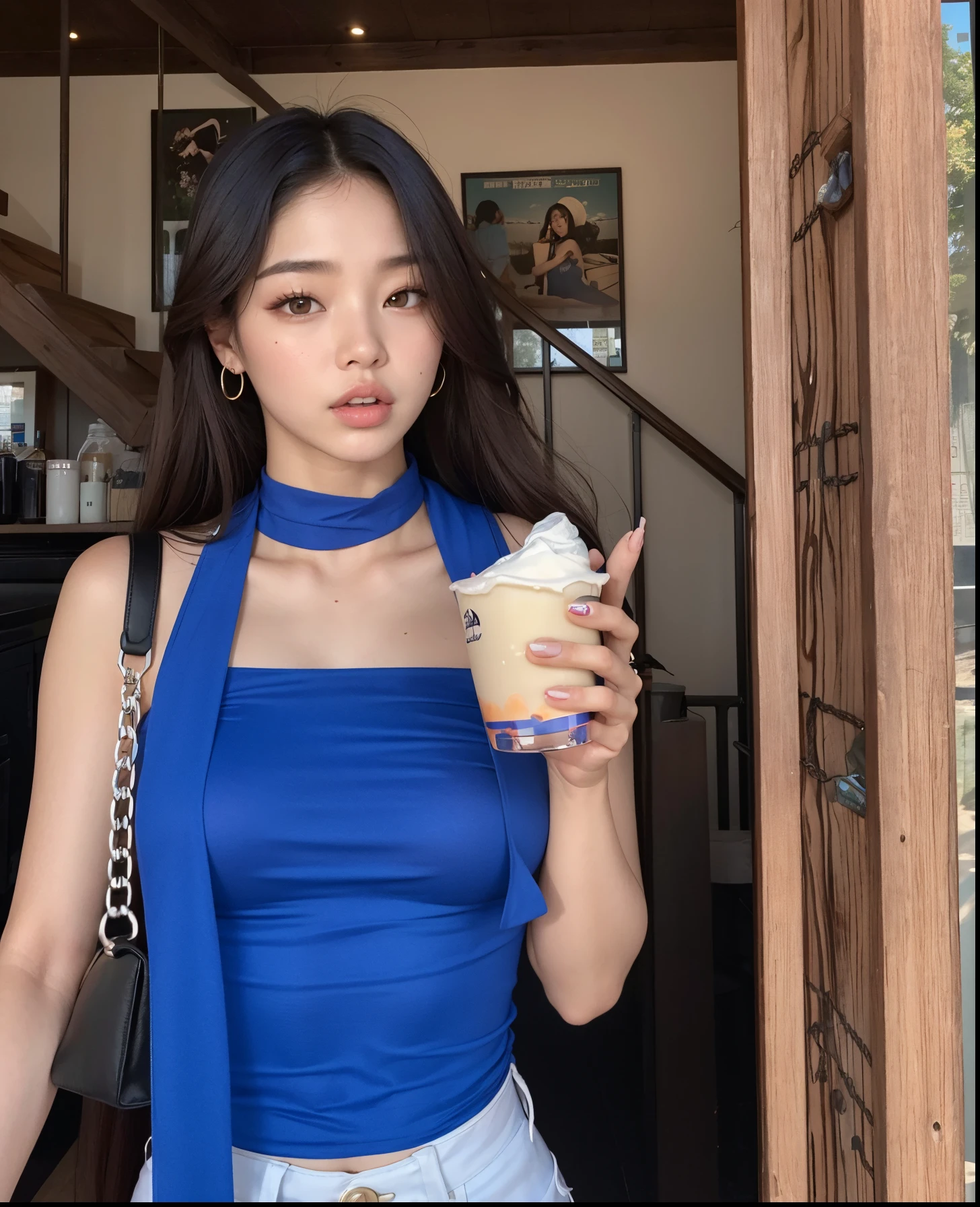 mulher araffe de blusa azul segurando uma bebida e uma bolsa, linda mulher coreana jovem, jennie blackpink, mulher coreana jovem bonita, menina coreana, a young asian woman, Mulher sul-coreana bonita, roupa azul, Parque Roseanne do Blackpink, tshirt azul apertada, Heonhwa Choe, vestido tubo-top, young asian girl, Jaeyeon Nam