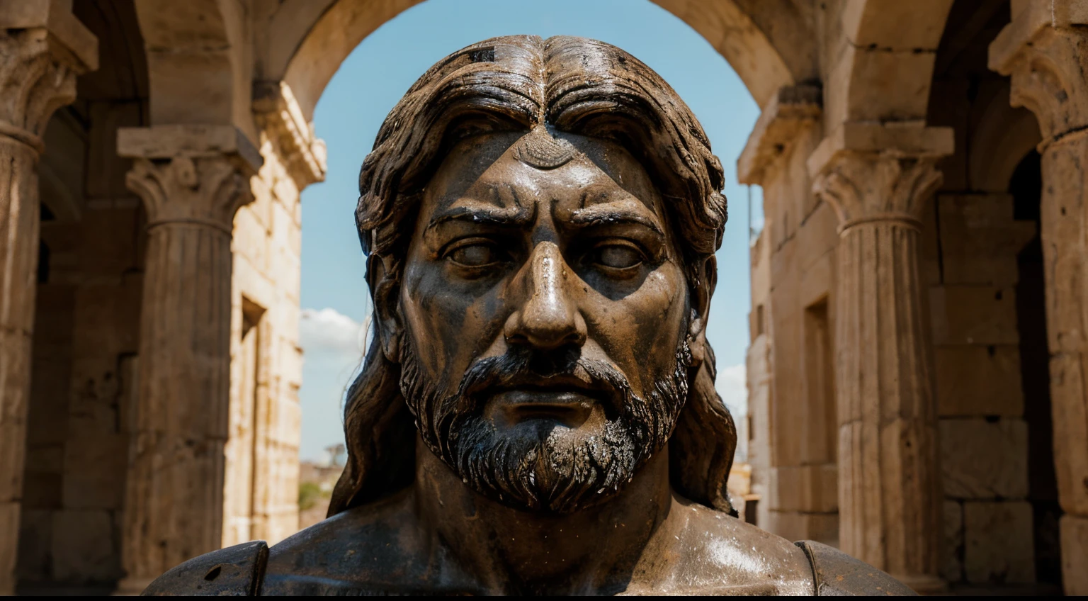 Ancient Stoic Statue With Very Angry Expression, tem barba, muitos detalhes em ambos os olhos, Outside, fundo atenas grego, open sky, com rosto extremamente detalhado full body view, Colors with low saturation with dark tone, Filmado em Sony A7S III com Sony FE 35mm f/1.8, 12.1 MP, --AR 3:2 --estilo cru