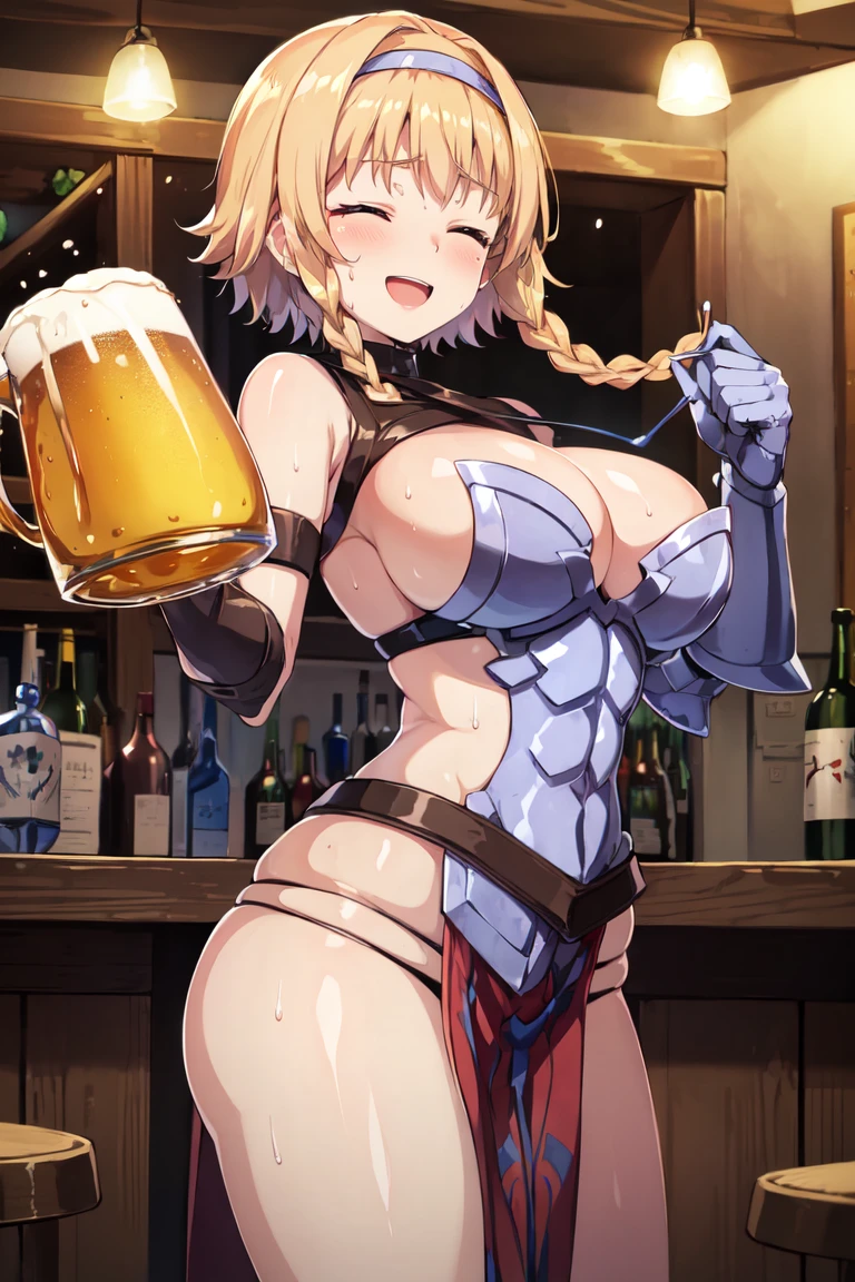 LeinaQuiron woman, breasts, blush, blue eyes, blonde hair, large breasts, cleavage, braid, hairband, armor, twin braids, side braid, short hair with long locks, buckle, shield BREAK (masterpiece, best quality:1.3), 4k, ultra-detailed, trending in pixiv, detailed background, detailed eyes, BREAK (in a medieval bar, surrounded by people:1.4), BREAK (cowboy shot, drunk, holding beer mug, raising mug, happy smile, ^ ^, closed eyes, :d:1.3), (light particles:1.2), (sweat, shiny skin:1.3)
