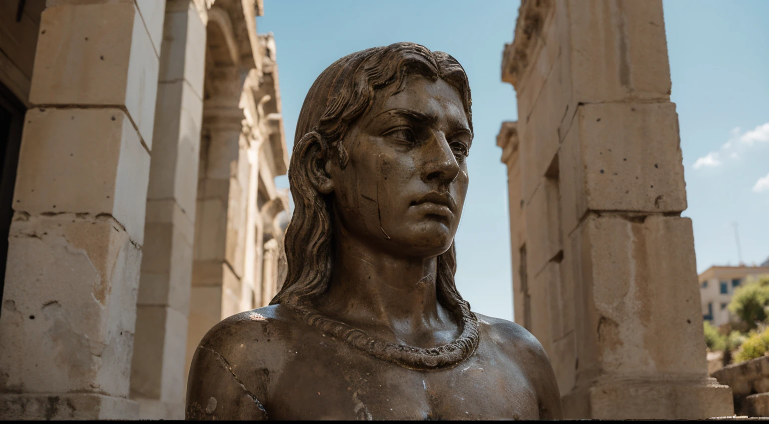 Ancient Stoic Statue With Very Angry Expression, tem barba, muitos detalhes em ambos os olhos, Outside, fundo atenas grego, open sky, com rosto extremamente detalhado full body view, Colors with low saturation with dark tone, Filmado em Sony A7S III com Sony FE 35mm f/1.8, 12.1 MP, --AR 3:2 --estilo cru