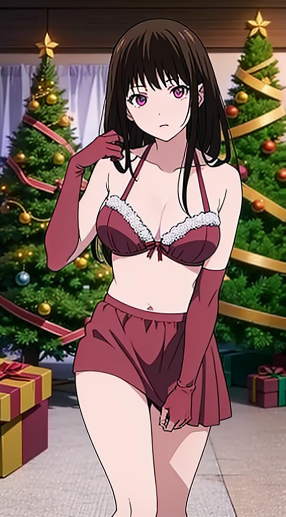 masterpiece, best quality, 1 solo girl, black hair, purple eyes, long hair, wavy hair, Christmas ornaments, medium breasts, mature body and face, red christmas dress, christmas, christmas light, christmas tree, red gloves, red santa skirt, holding gift, red bra, red panty, leg up, cowboy shots, sexy pose, dakimakura, detailed body, face, and eyes, sharp focus, vibrant, creative, dynamic, high definition, high resolution, 8k, (Upscale: R-ESRGAN 4x+ Anime6B), (Image enchance:4x), voluptuous body