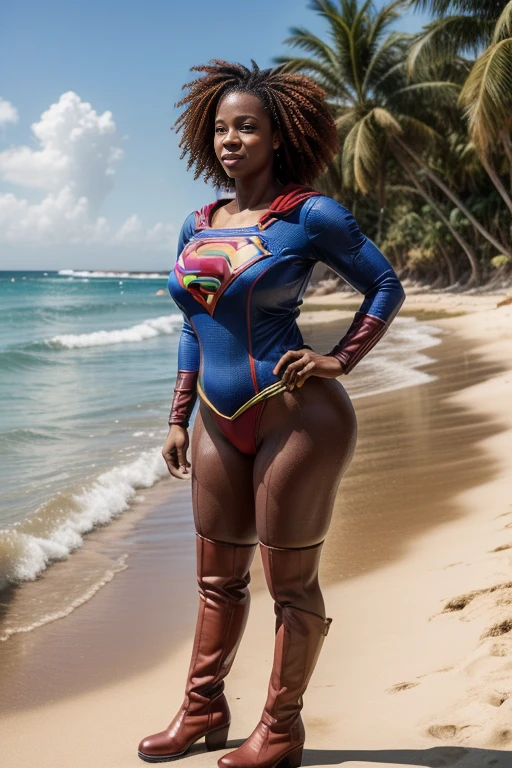 (Obra prima, master part, alta resolução), (black African woman), (melhor qualidade,4k,8k,alta resolução,masterpiece: 1,2), (RED HAIR), (BBW MILF), (40 ANOS DE IDADE), afro hair, (full body photo), caminhando na praia, (enormes tetos: 1,9), (seios enorme), (clivagem profunda), (QUADRIL ENORME), (BUNDA GRANDE), (full body photo), (sweating:1.2), (Wet), (Sexy Supergirl corstume), (wear long ankle boots) sexy, sensual, hot, sorridente, (Sagging Tits: 1,9), decotes enormes. (mesmo personagem, de frente, de lado, de costa, de perfil), perfecteyes, a lot of sweating, muito suada