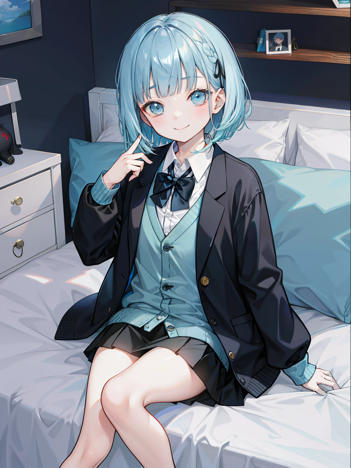 1girl, 独奏, Cinnamiku, Blue hair, blue eyes, hair rings, Hair Bow, blue bow, short skirt,(cinnamoroll, tied ears, sanrio, 1other, Creature:1.2) black sleeves, bare shoulders, Blue Tie, wide sleeves, shirt with collar, detached sleeves, tie, Blue Tie, kawai,
