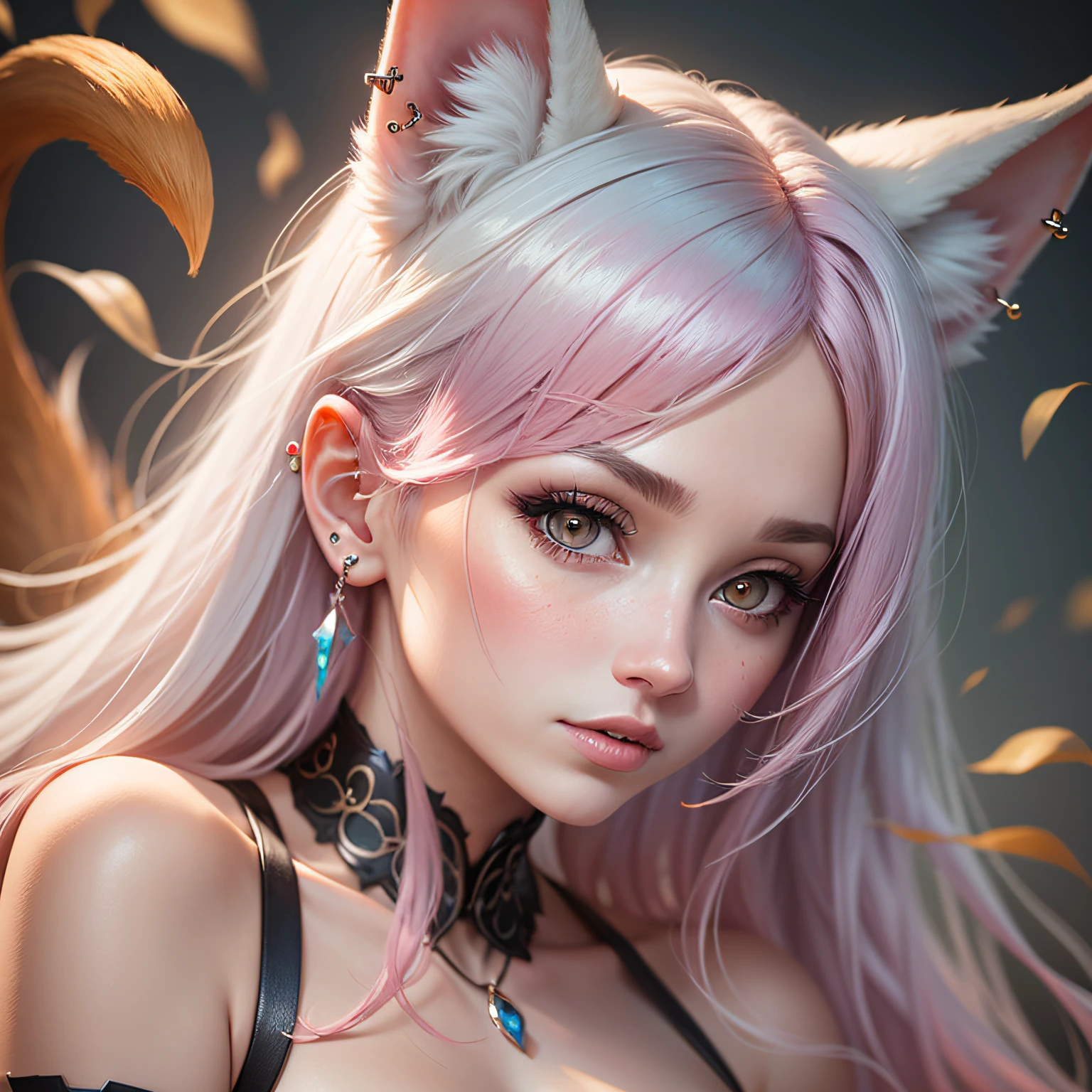 Pale skin, pink hair, fox ears, fox tail, golden ear piercings, silver eyes, voluminous eyelashes, soft mouth, female silhouette, small breasts, crispr genes, 8k, full HD, realistic