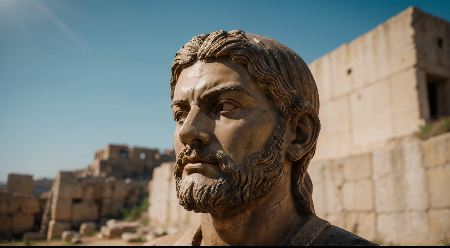 Ancient Stoic Statue With Very Angry Expression, tem barba, muitos detalhes em ambos os olhos, Outside, fundo atenas grego, open sky, com rosto extremamente detalhado full body view, Colors with low saturation with dark tone, Filmado em Sony A7S III com Sony FE 35mm f/1.8, 12.1 MP, --AR 3:2 --estilo cru