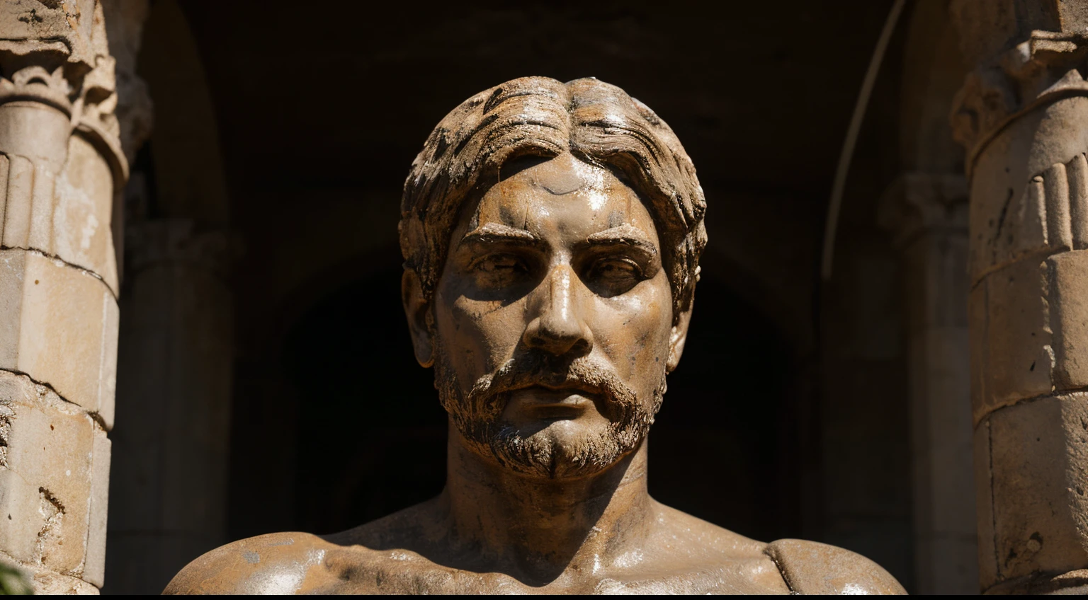Ancient Stoic Statue With Very Angry Expression, tem barba, muitos detalhes em ambos os olhos, Outside, fundo atenas grego, open sky, com rosto extremamente detalhado full body view, Colors with low saturation with dark tone, Filmado em Sony A7S III com Sony FE 35mm f/1.8, 12.1 MP, --AR 3:2 --estilo cru