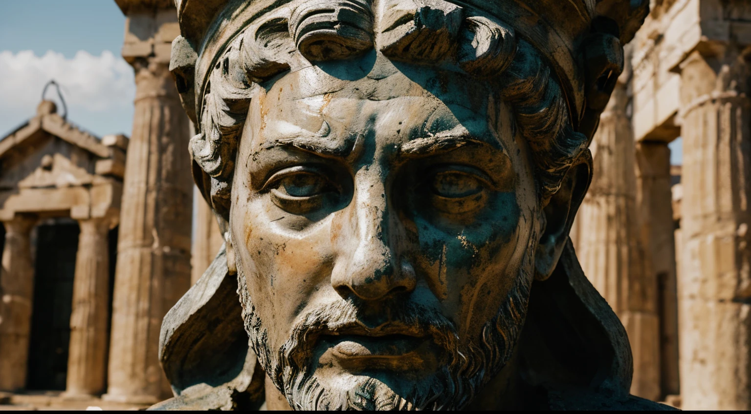 Ancient Stoic Statue With Very Angry Expression, tem barba, muitos detalhes em ambos os olhos, Outside, fundo atenas grego, open sky, com rosto extremamente detalhado full body view, Colors with low saturation with dark tone, Filmado em Sony A7S III com Sony FE 35mm f/1.8, 12.1 MP, --AR 3:2 --estilo cru