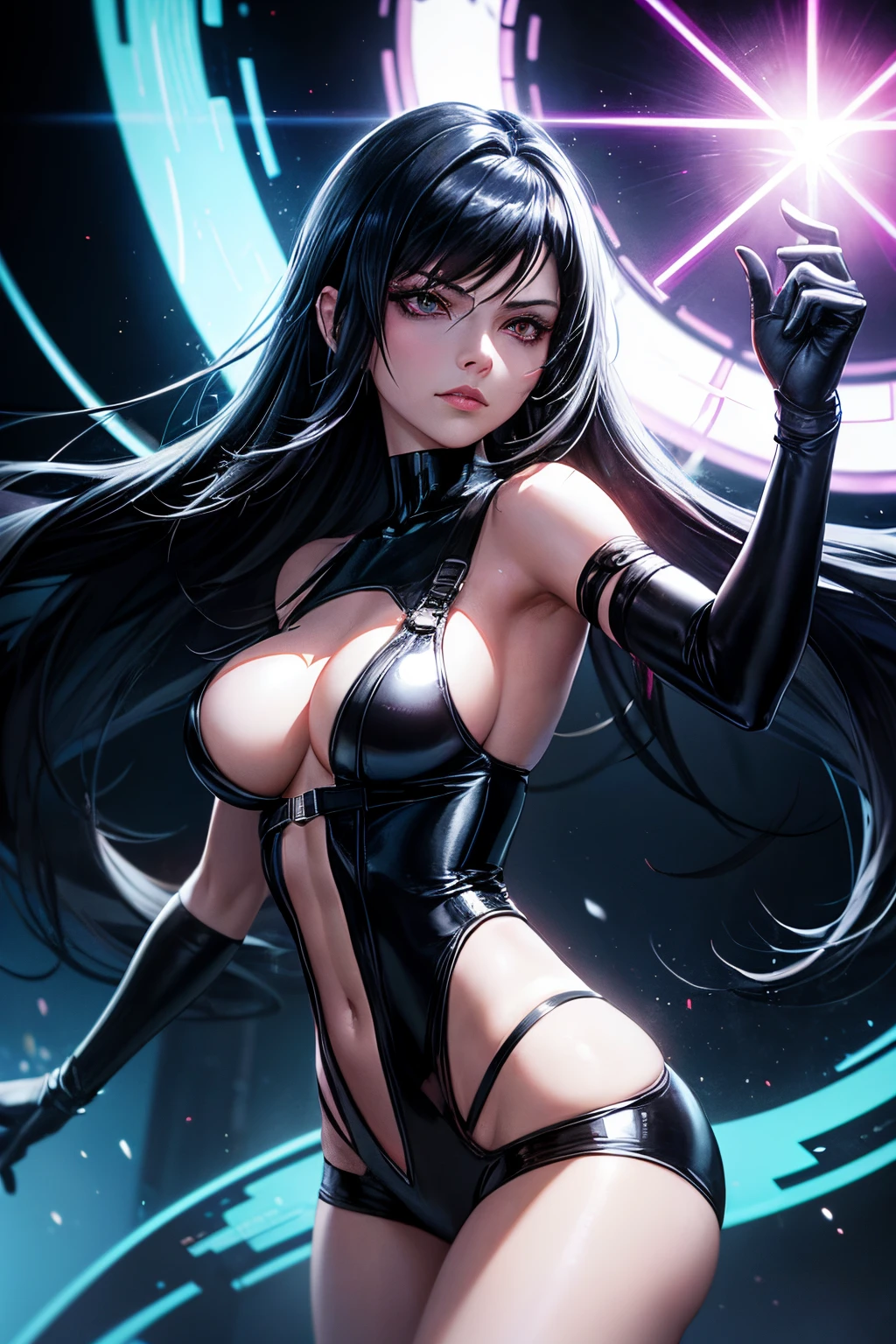 there is a woman with a neon light on her head, style is a blend of æon flux, in a mixed style of æon flux, style mix of æon flux, glowing lens flare wraith girl, glamorous tifa lockheart, tifa, aeon flux style, seductive tifa lockhart portrait, in a style blending æon flux