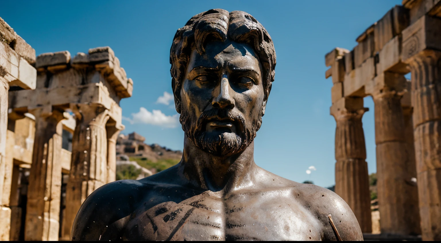 Ancient Stoic Statue With Very Angry Expression, tem barba, muitos detalhes em ambos os olhos, Outside, fundo atenas grego, open sky, com rosto extremamente detalhado full body view, Colors with low saturation with dark tone, Filmado em Sony A7S III com Sony FE 35mm f/1.8, 12.1 MP, --AR 3:2 --estilo cru