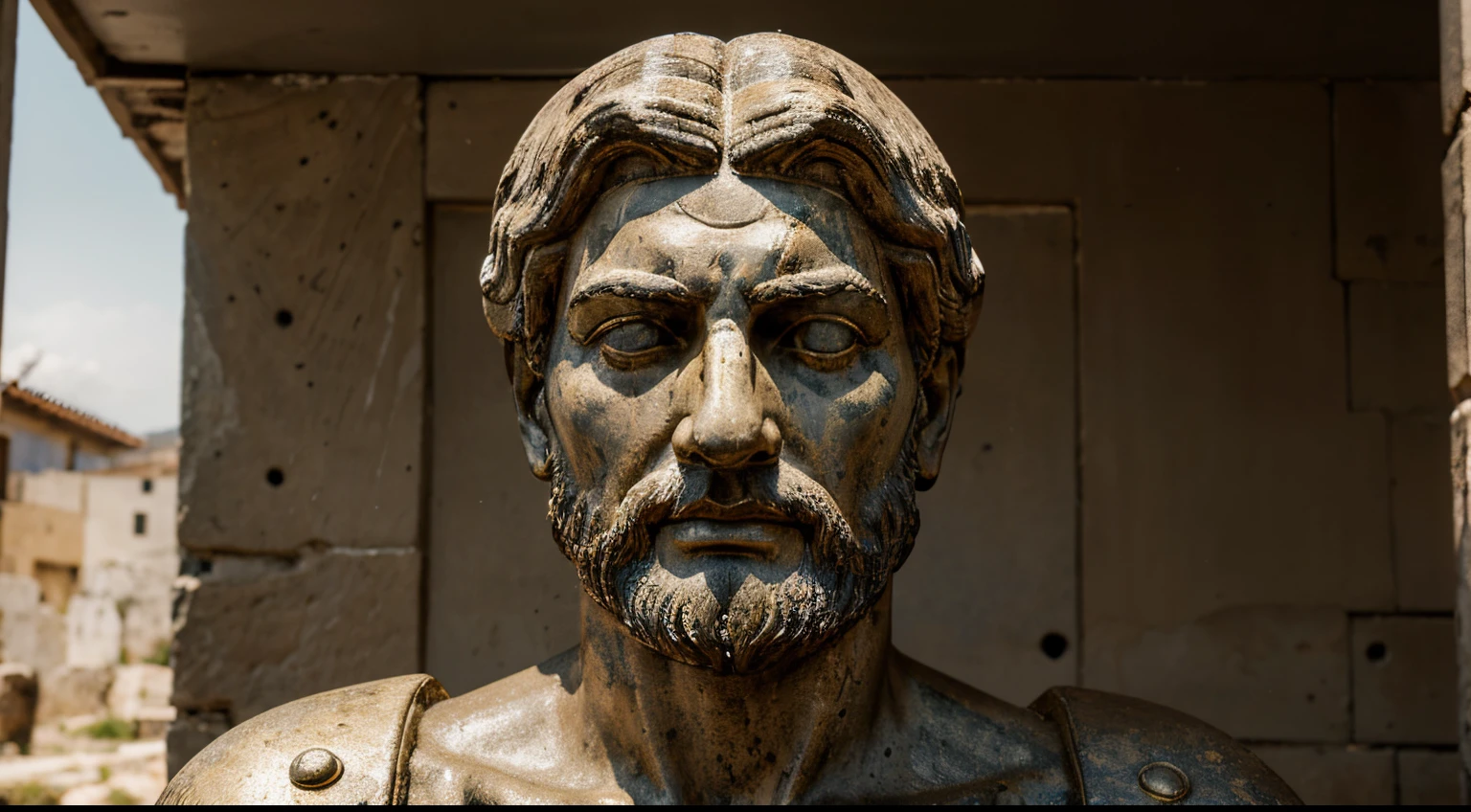 Ancient Stoic Statue With Very Angry Expression, tem barba, muitos detalhes em ambos os olhos, Outside, fundo atenas grego, open sky, com rosto extremamente detalhado full body view, Colors with low saturation with dark tone, Filmado em Sony A7S III com Sony FE 35mm f/1.8, 12.1 MP, --AR 3:2 --estilo cru
