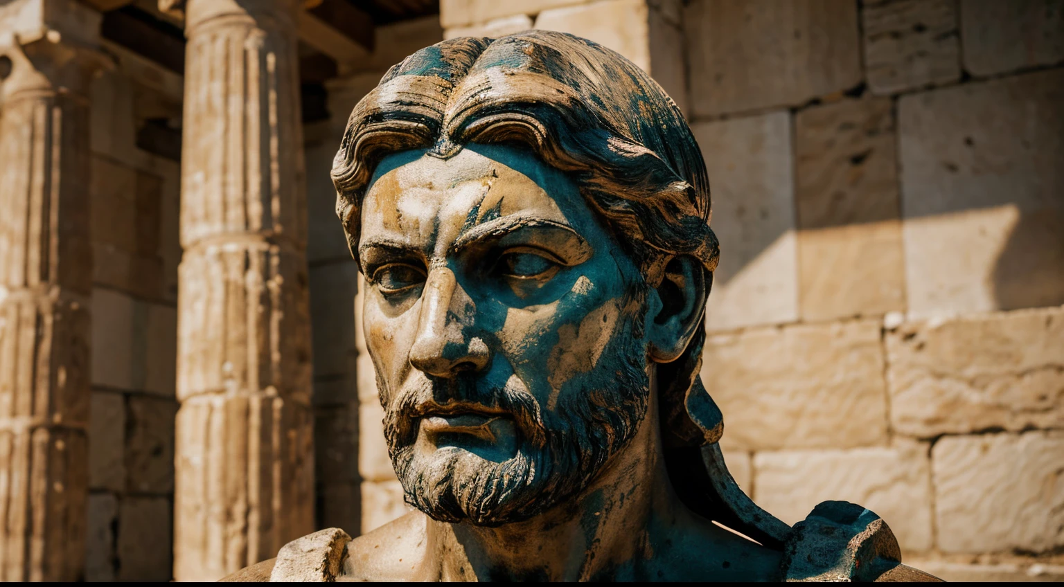 Ancient Stoic Statue With Very Angry Expression, tem barba, muitos detalhes em ambos os olhos, Outside, fundo atenas grego, open sky, com rosto extremamente detalhado full body view, Colors with low saturation with dark tone, Filmado em Sony A7S III com Sony FE 35mm f/1.8, 12.1 MP, --AR 3:2 --estilo cru
