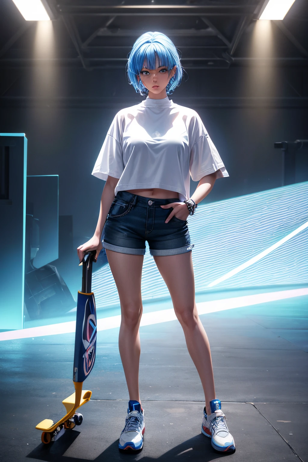 arafed woman in a white shirt and blue shorts is standing on a skateboard, fashion color studio lighting, fashion shoot 8k, cyborg fashion model, cyborg fashion shot, full shot fashion photography, 4k fashion shoot, fashion model photography, fashwave, fashion model pose, editorial fashion photography, model standing pose, modeling photography, fashion pose, fashion editorial photography