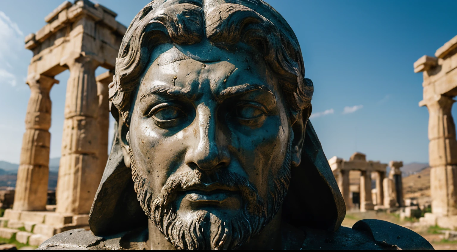 Ancient Stoic Statue With Very Angry Expression, tem barba, muitos detalhes em ambos os olhos, Outside, fundo atenas grego, open sky, com rosto extremamente detalhado full body view, Colors with low saturation with dark tone, Filmado em Sony A7S III com Sony FE 35mm f/1.8, 12.1 MP, --AR 3:2 --estilo cru