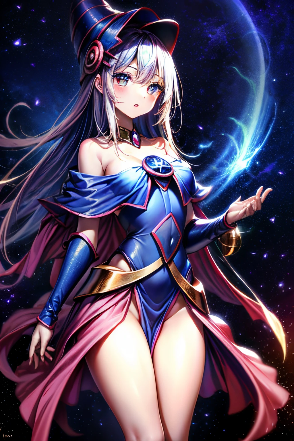 Giles magos oscuros. magos oscuros. ojos azules. cabello rubio. labios rojos. Detailed features.., cosmic colors, Ethereal lighting, Pintura surrealista, High resolution, Otherworldly atmosphere, Seres celestiales. Hermosa diosa