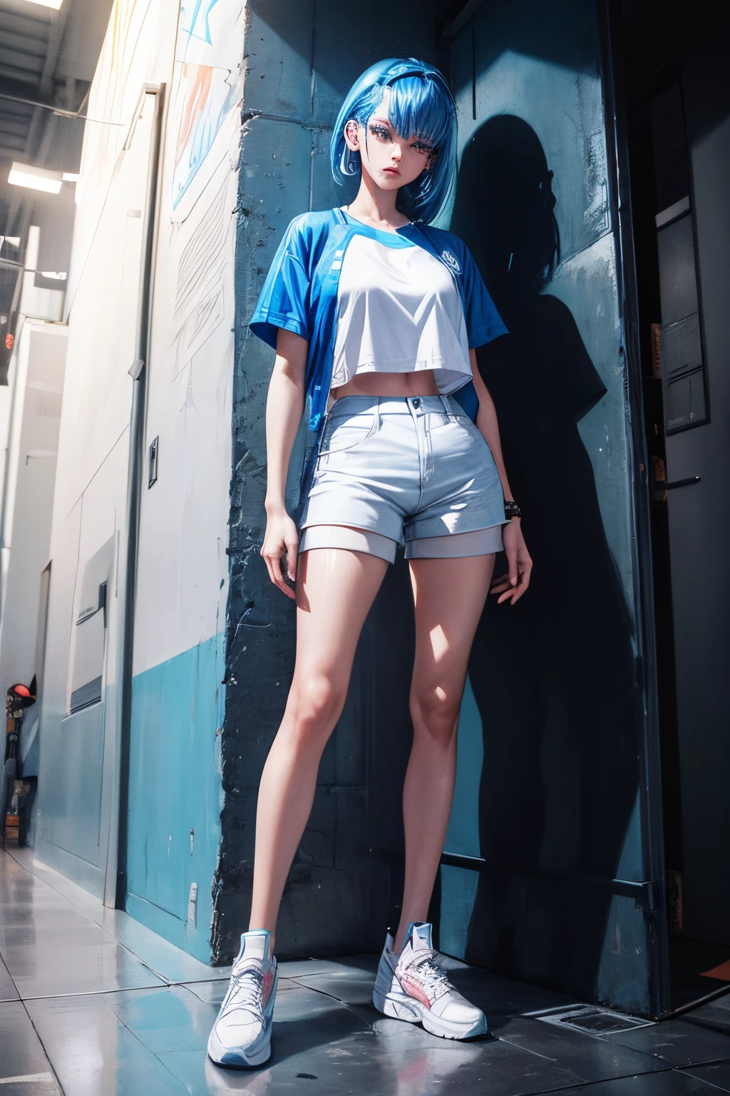 arafed woman in a white shirt and blue shorts is standing on a skateboard, fashion color studio lighting, fashion shoot 8k, cyborg fashion model, cyborg fashion shot, full shot fashion photography, 4k fashion shoot, fashion model photography, fashwave, fashion model pose, editorial fashion photography, model standing pose, modeling photography, fashion pose, fashion editorial photography